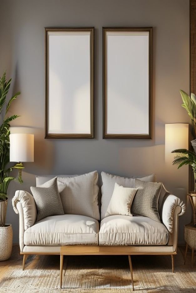 A perfectly symmetrical arrangement of wall decor above a tailored sofa Two identical framed prints or sconces flank a c