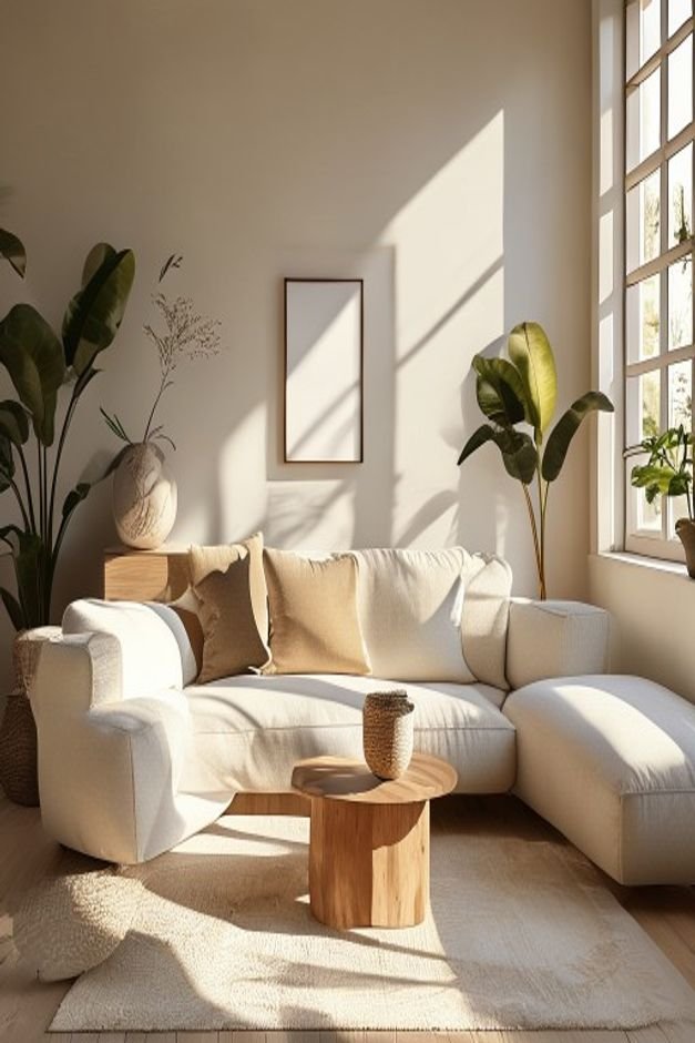 Editorial home photo for Balance Asymmetry, natural light, realistic styling, no text overlay