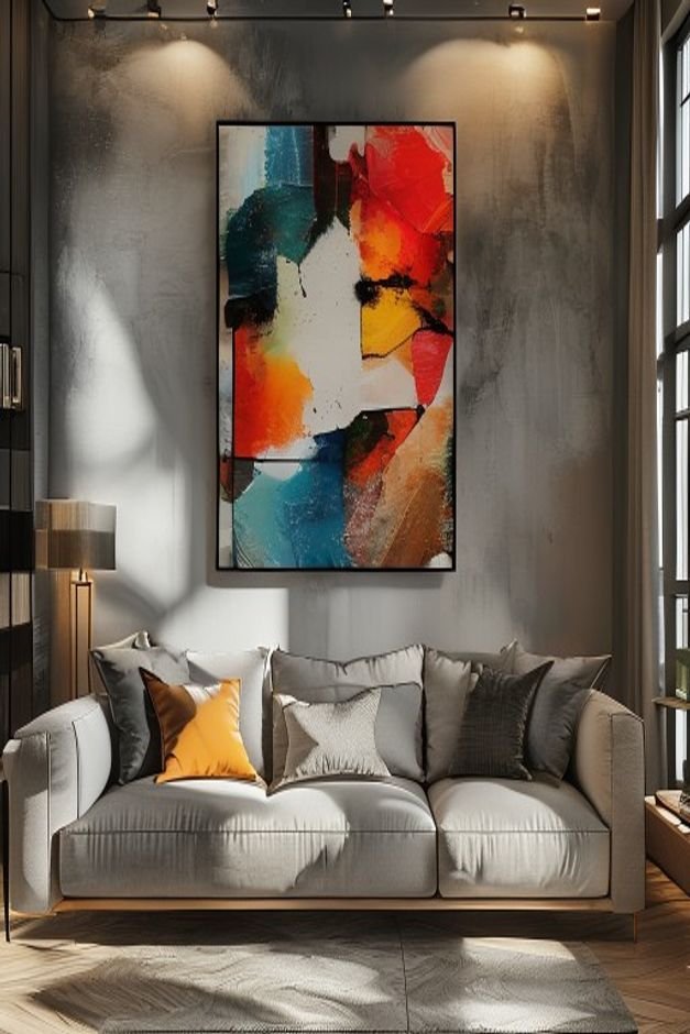 A perfectly scaled gallery wall above a three-seater sofa in a modern living room The art fills approximately two-thirds