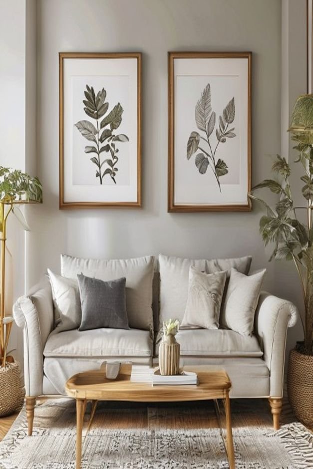 A living room with a classic tailored sofa Above it two identical framed botanical prints are hung side-by-side perfectl