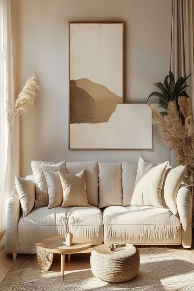 A cozy living room featuring a linen sofa Above it an art arrangement that uses three different sized pieces one large t