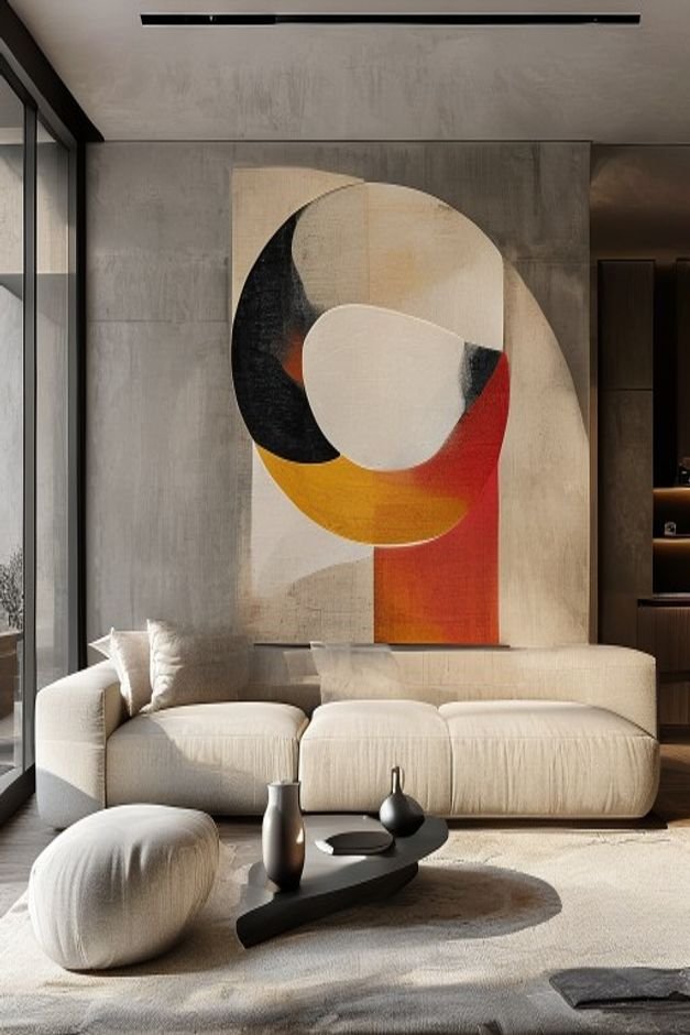 A chic contemporary living room with a low-profile sofa Dominating the wall above is a single oversized abstract art pie