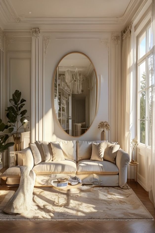 A bright living room with a comfortable sofa Centered above the sofa is a large decorative mirror reflecting a window or