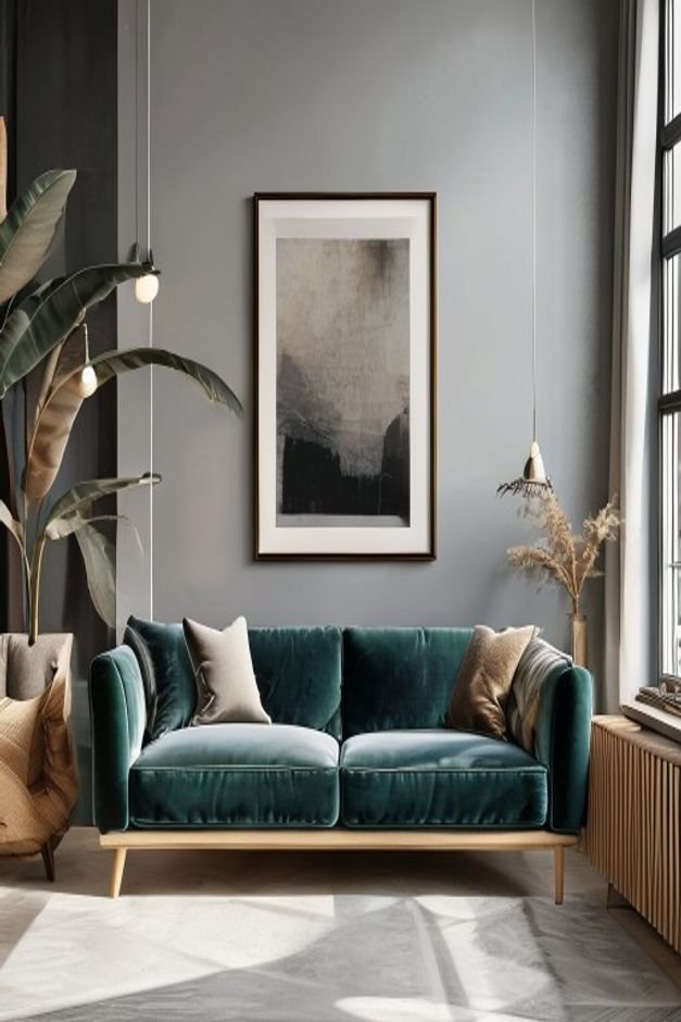 A stylish living space with a velvet sofa Above it a curated display featuring a large framed print leaning against the