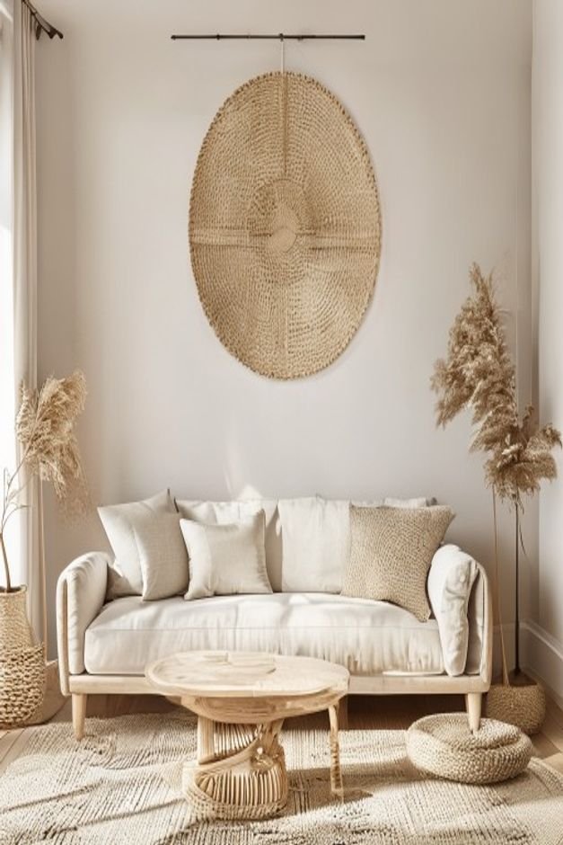 A Scandinavian-inspired living room with a simple light-colored sofa Above it a large woven wall hanging with natural fi