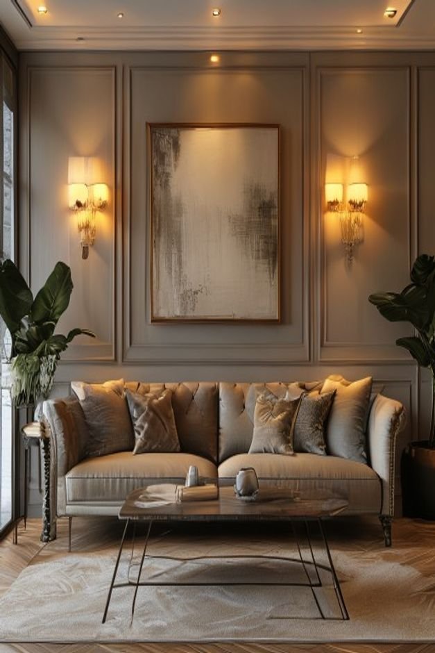 A sophisticated living room with a tailored sofa On the wall above two elegant wall sconces flank a piece of art providi