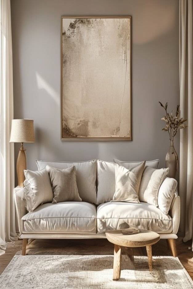 Editorial home photo for Above Sofa Wall Decor Refined, natural light, realistic styling, no text overlay