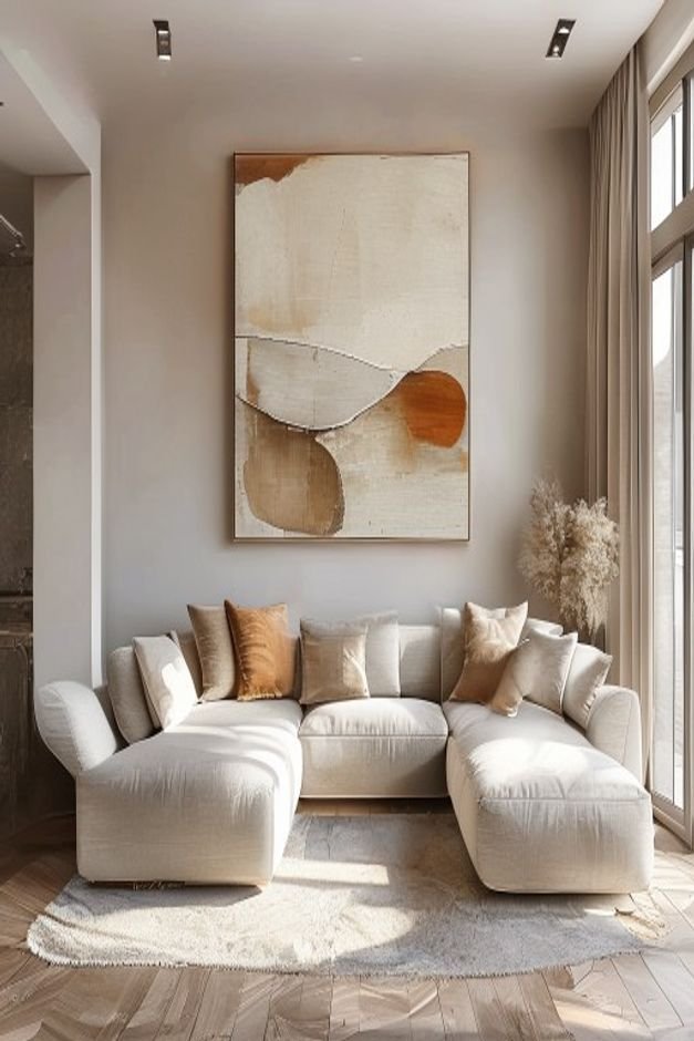 A spacious living room featuring a long light gray sofa Above it a single oversized abstract painting in earthy tones wi