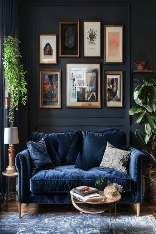 A cozy living room with a dark blue velvet sofa Above it a thoughtfully arranged gallery wall displays a mix of framed p