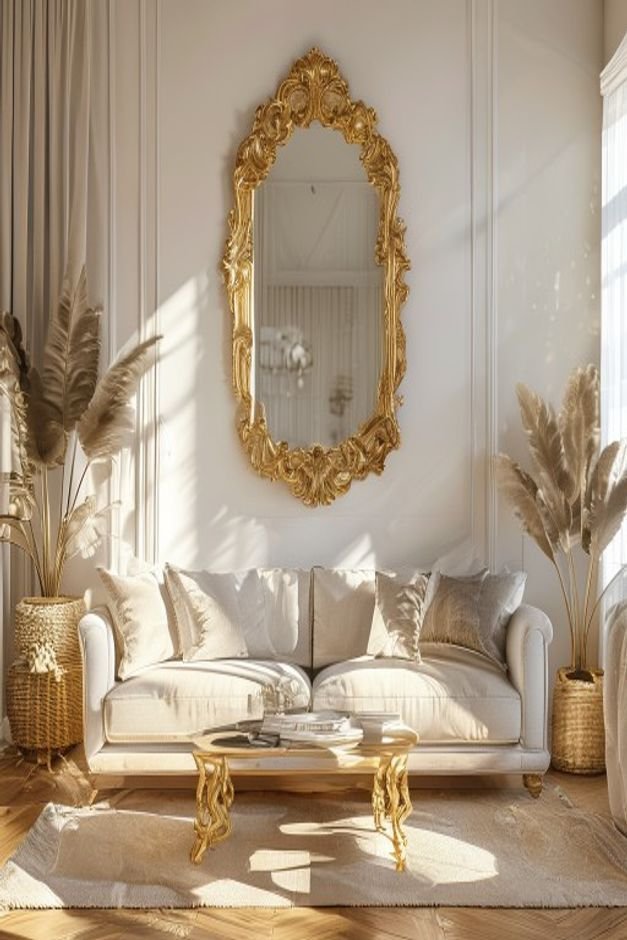 A bright airy living room with a linen sofa Above the sofa a large ornate gilded mirror reflects light from an unseen wi