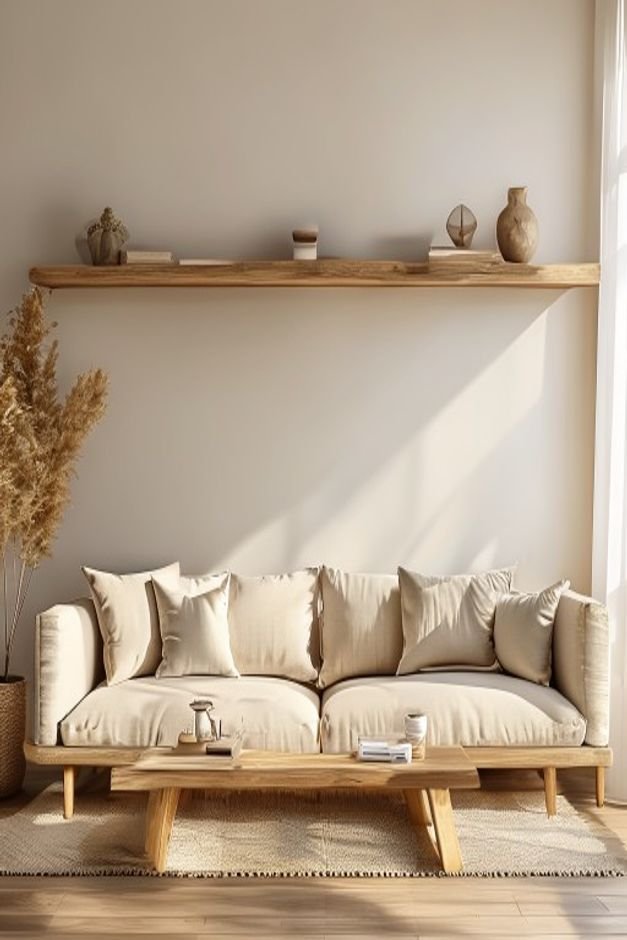 A modern living room with a low-profile sofa Above it two sleek natural wood floating shelves are styled with a curated