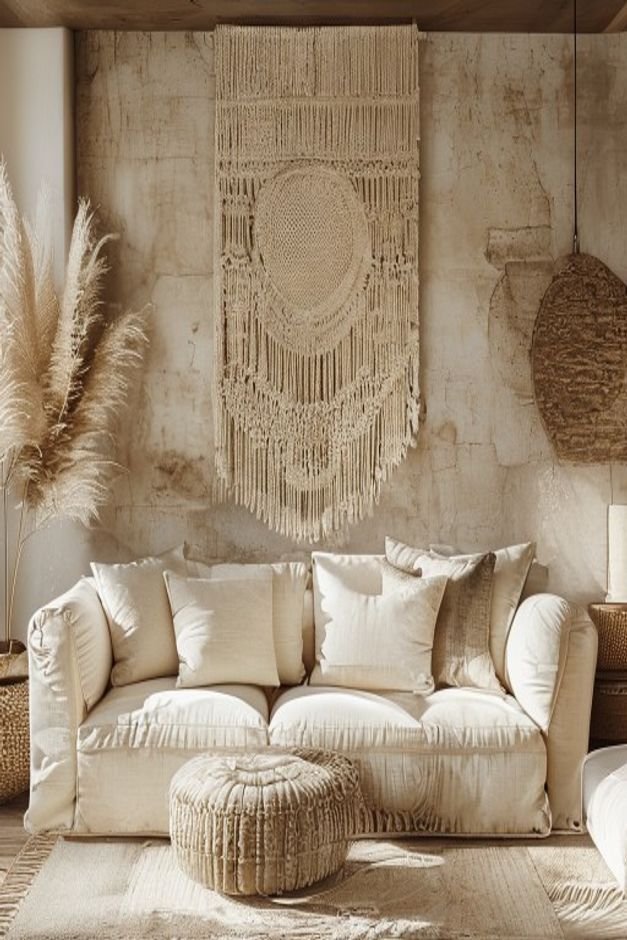 A bohemian-inspired living room with a cream-colored sectional sofa Above the sofa a large textured macrame wall hanging