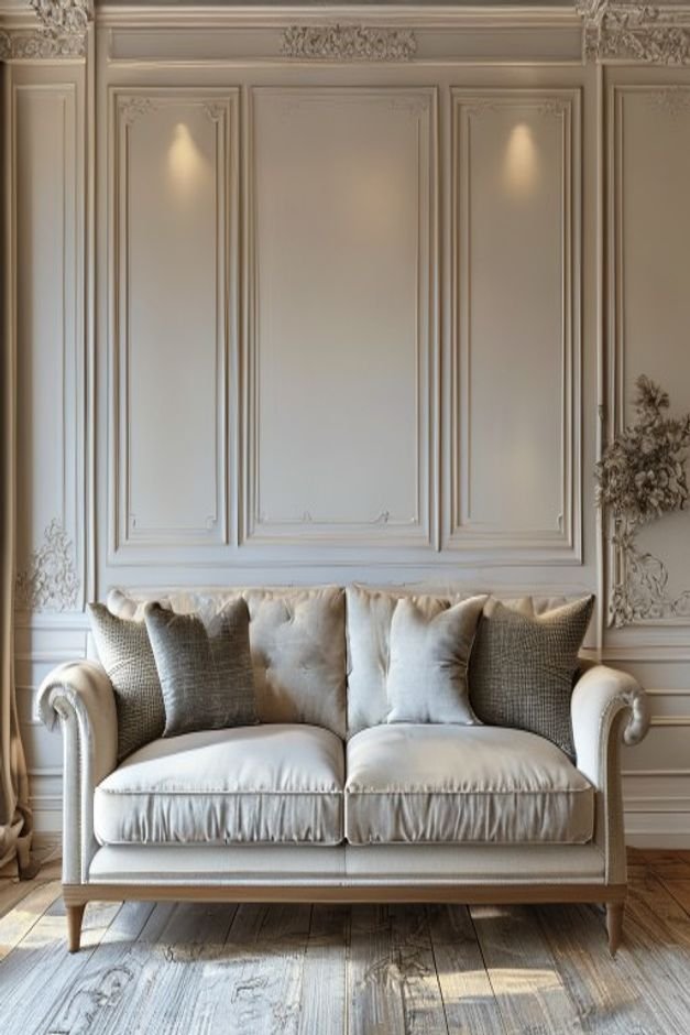 A classic living room featuring a tailored sofa Above the sofa a custom-built wall panel with subtle decorative molding