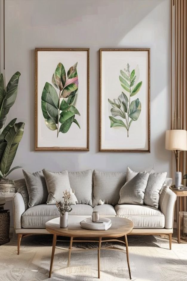 A formal living room with a sophisticated sofa Above the sofa two identical large framed botanical prints are hung side-