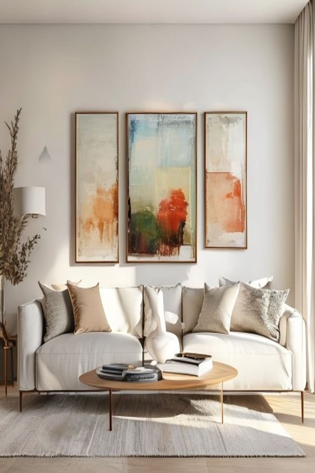 A contemporary living room with a clean-lined sofa Above the sofa an art arrangement features three pieces of varying si