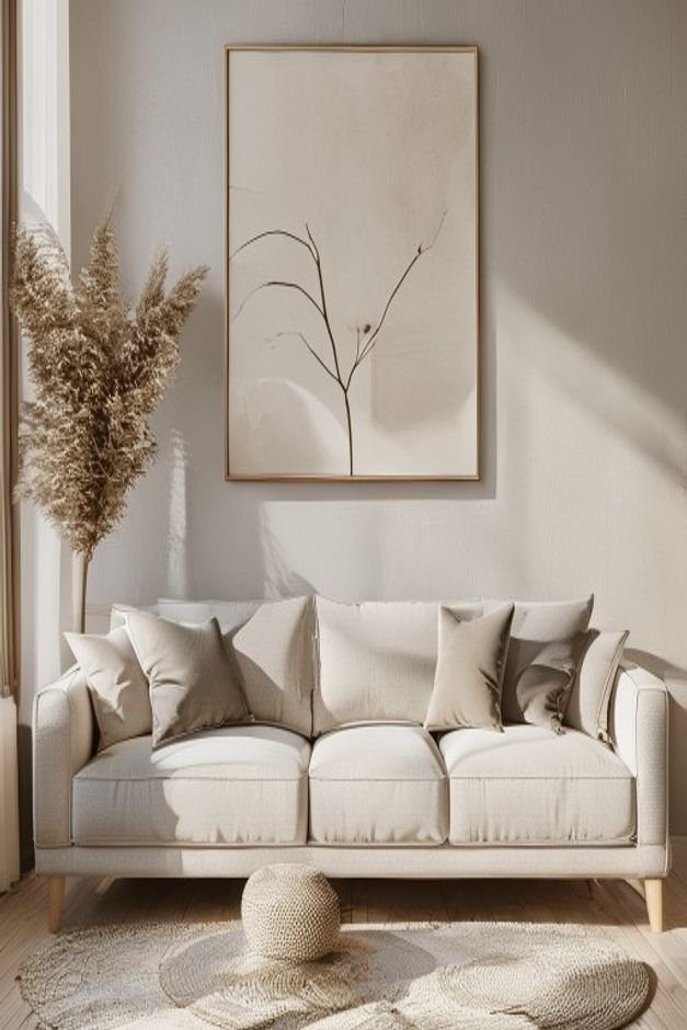 Editorial home photo for Finishing Touches for Your Above Sofa Wall Decor, natural light, realistic styling, no text overlay