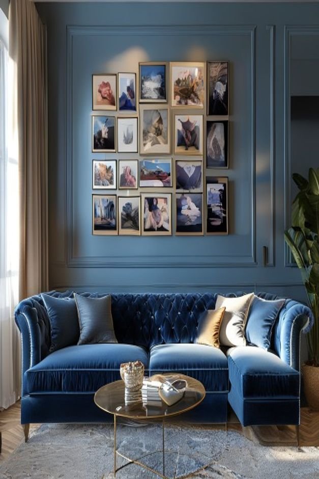 An inviting living room scene focusing on a carefully arranged gallery wall above a plush deep blue velvet sofa The gall