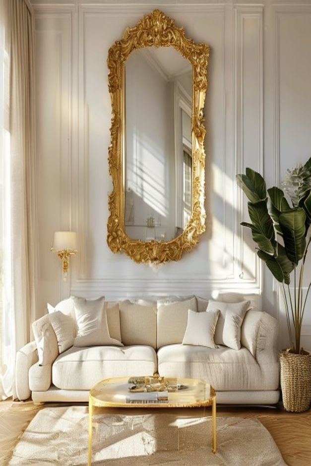 A bright airy living room Above a linen-covered sofa a large ornate gold-framed mirror reflects the light from an opposi