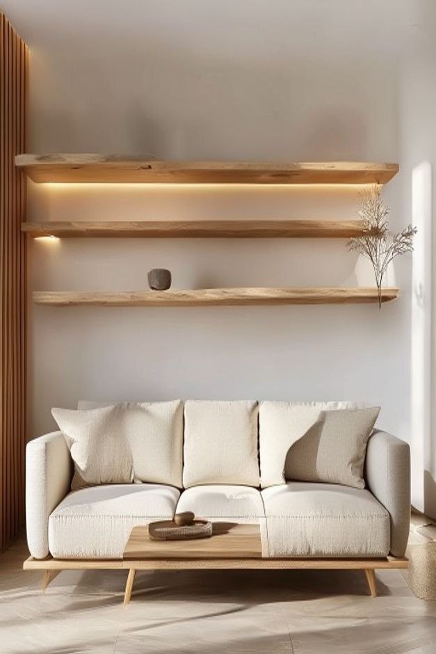 A contemporary living room with a sleek low-profile sofa Above it two clean-lined natural wood floating shelves are inst