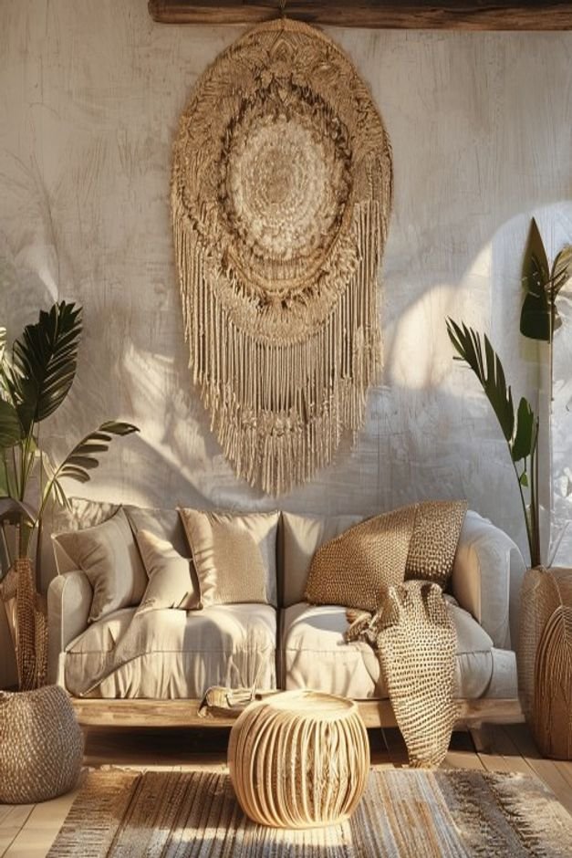 A cozy bohemian-inspired living room A large hand-woven macrame wall hanging with intricate patterns and fringe serves a