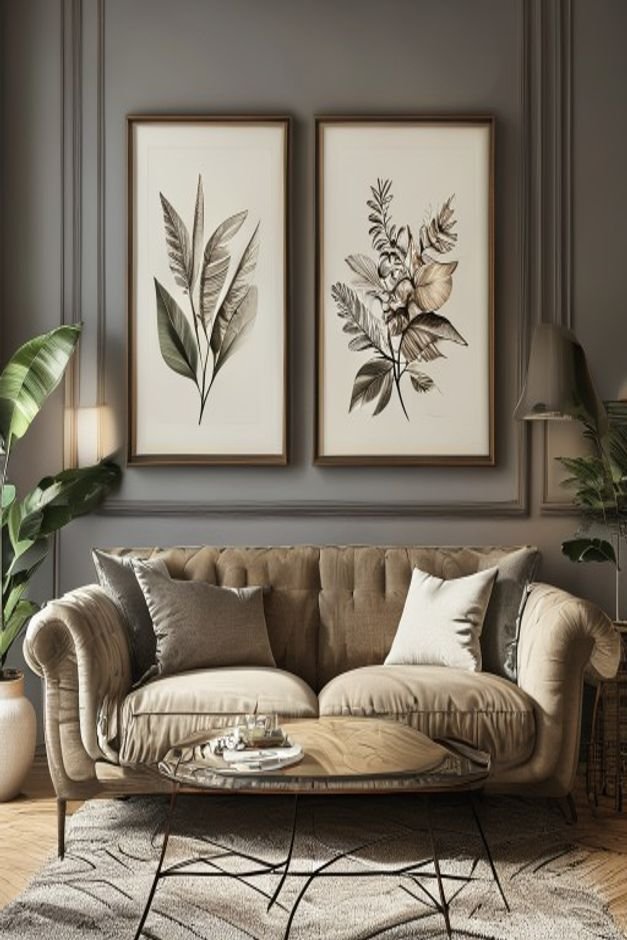 A formal yet inviting living room Above a classic upholstered sofa two identical framed botanical prints or abstract art