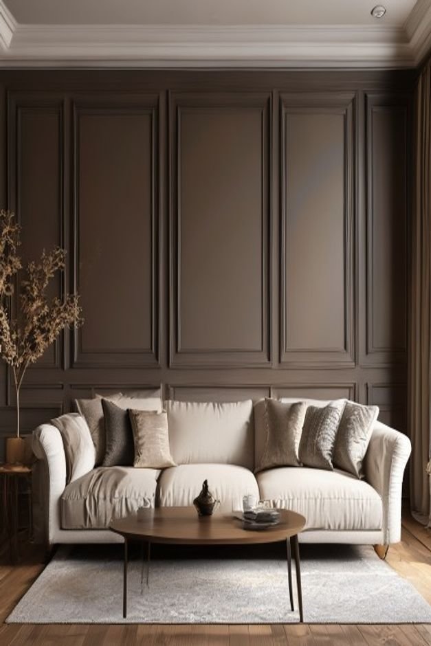 A sophisticated living room featuring a paneled accent wall behind the sofa The wainscoting or applied molding creates a