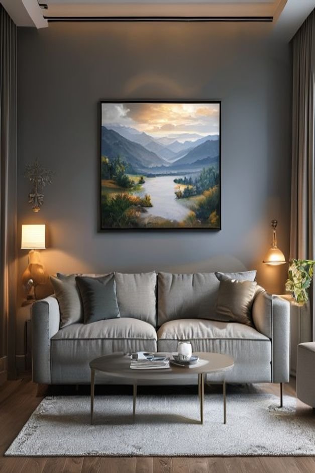 A beautifully illuminated living room Above a tailored grey sofa a medium-sized landscape painting is centered Directly
