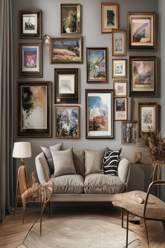 A perfectly arranged gallery wall featuring an eclectic mix of framed art photographs and a small mirror all cohesive in