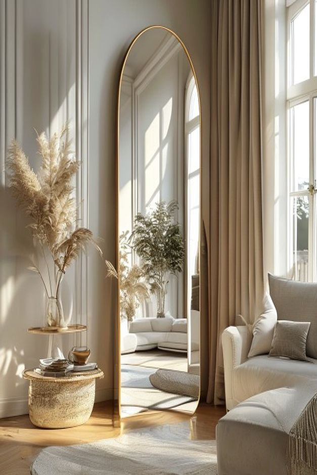 An elegant tall arched mirror reflecting a well-lit living room space positioned opposite a window to maximize light and