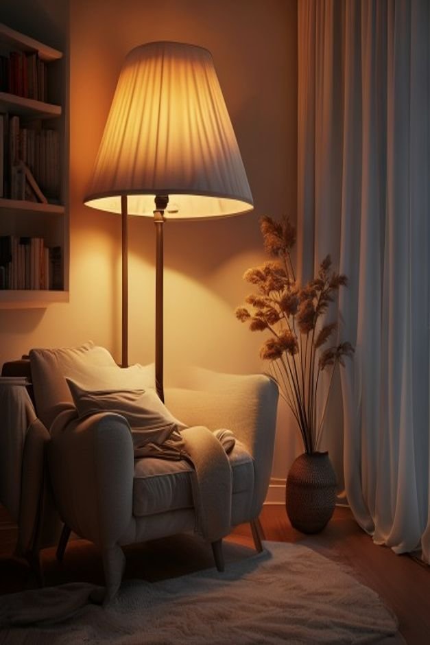A cozy reading nook bathed in the warm glow of a stylish floor lamp with an oversized fabric shade The lamp is positione