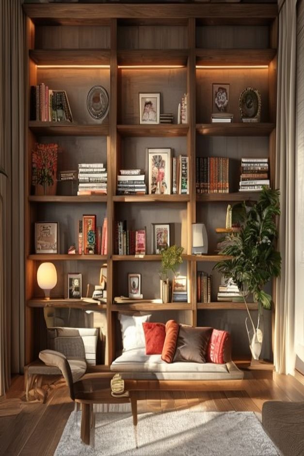 A meticulously styled bookshelf in a contemporary living room The shelves display a balanced mix of books decorative obj