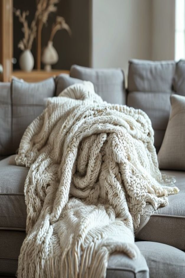 A close-up of a layered sofa arrangement featuring a chunky knit throw blanket draped artfully over one arm and two deco