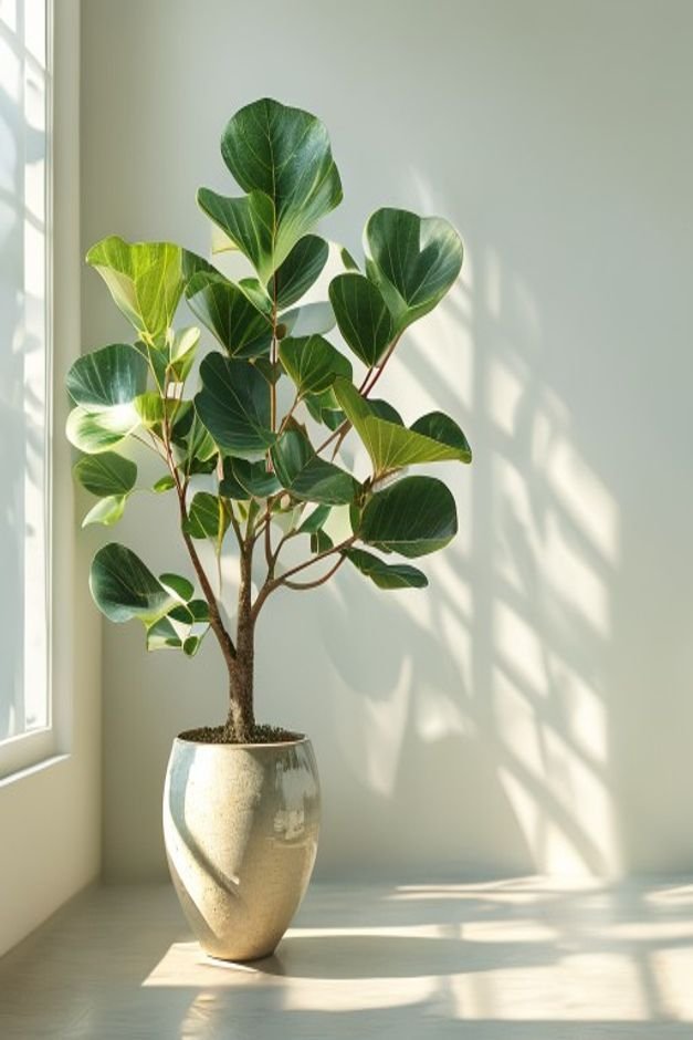 A vibrant healthy fiddle-leaf fig tree in a large ceramic pot positioned in the corner of a bright minimalist living roo