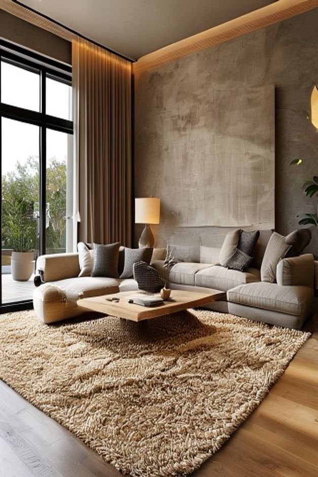 A stylish living room featuring a large textured area rug defining the seating area The rug is a natural jute material c
