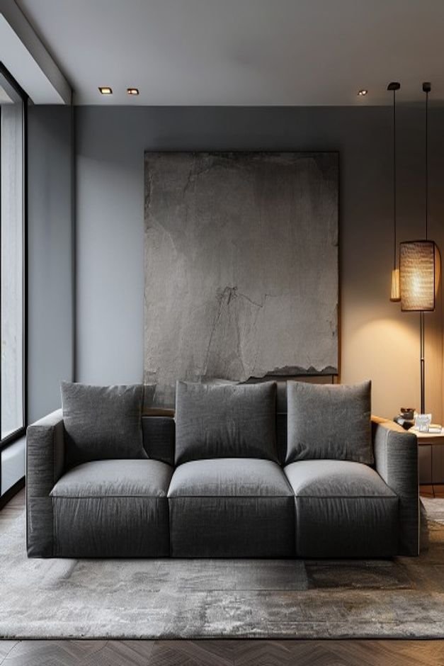 A contemporary living room featuring a sleek low-profile sofa in charcoal grey Above it a single oversized piece of abst