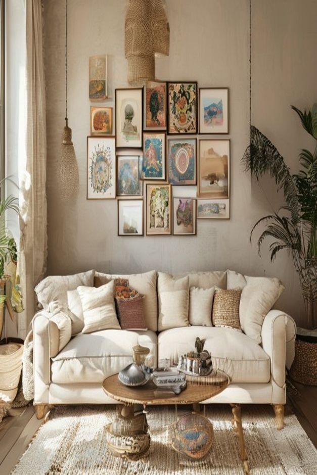 A stylish bohemian-inspired living room with a cream-colored sofa Above the sofa an eclectic gallery wall displays a mix