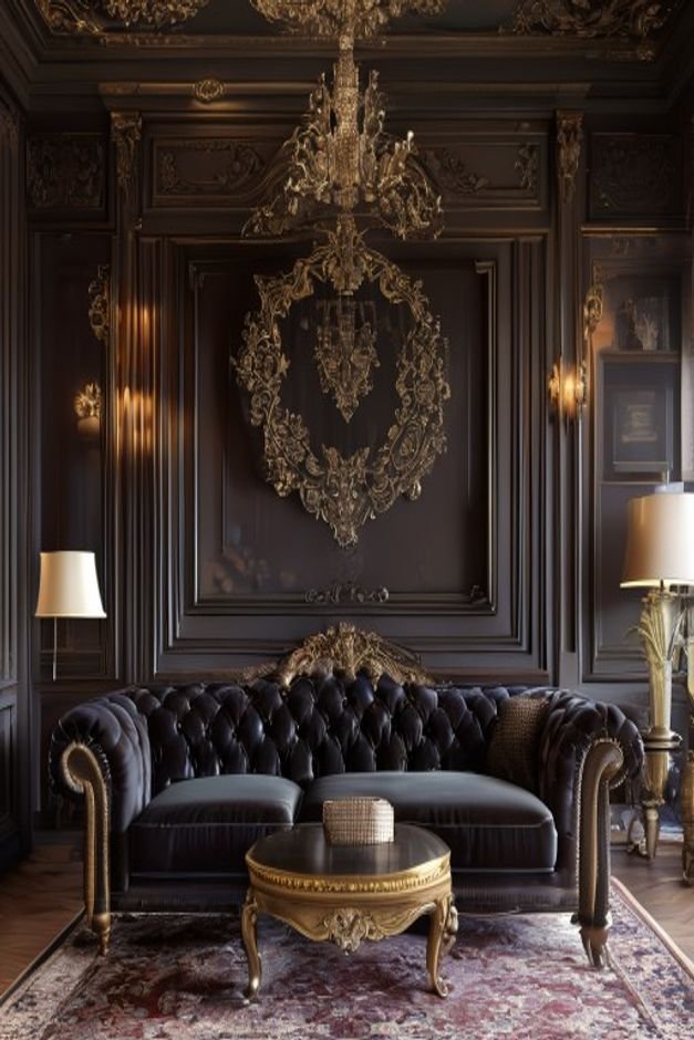 An elegant traditional living room A classic tufted sofa in a deep jewel tone faces the viewer Above it a large ornate g