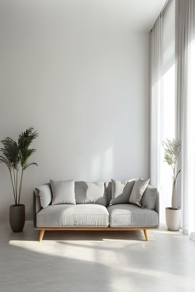 A modern living room with a minimalist aesthetic A structured grey sofa is set against a white wall Above it two paralle