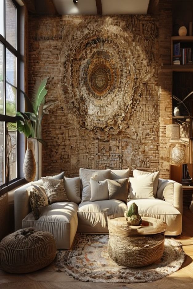 A cozy globally-inspired living room A plush low-slung sofa is backed by a wall adorned with a large intricately woven m