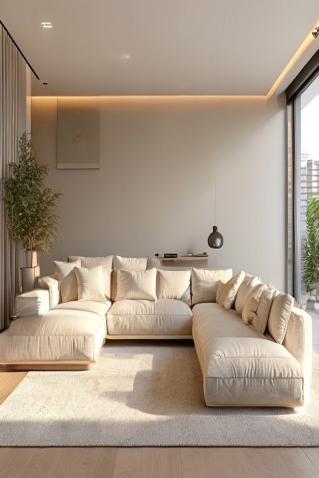 A balanced contemporary living room A comfortable sectional sofa in a light beige is arranged Above the longer section a
