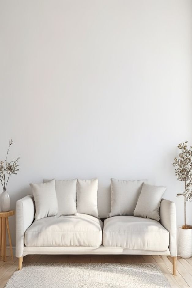 A clean Scandinavian-style living room A simple light grey sofa is against a white wall Above it three evenly spaced sli