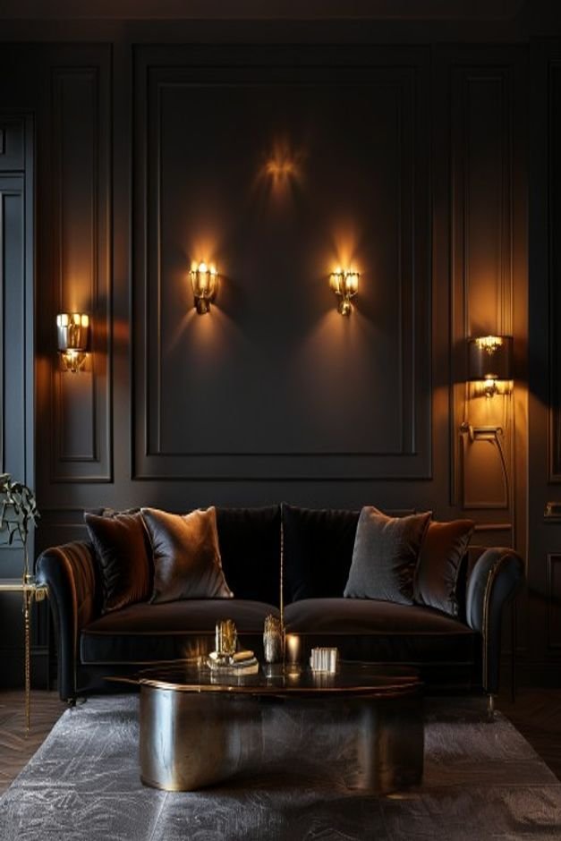 A sophisticated moody living room A dark velvet sofa is bathed in the soft glow of two brass wall sconces symmetrically