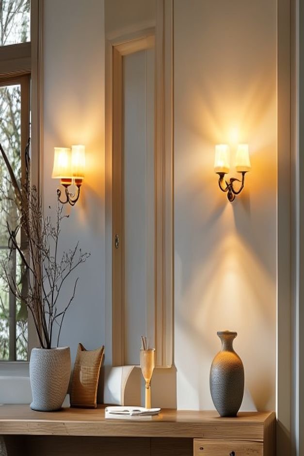 Editorial home photo for Paired Sconces or Wall Lights, natural light, realistic styling, no text overlay
