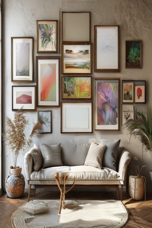 A perfectly arranged gallery wall featuring an eclectic mix of framed art photographs and a small mirror all cohesive in