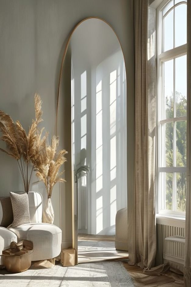 An elegant tall arched mirror reflecting a well-lit living room space positioned opposite a window to maximize light and