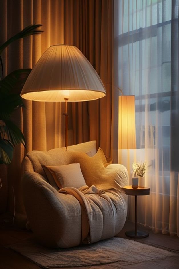 A cozy reading nook bathed in the warm glow of a stylish floor lamp with an oversized fabric shade The lamp is positione