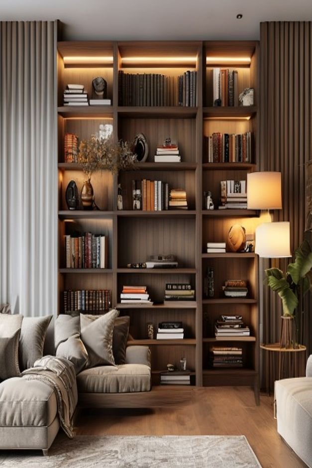 A meticulously styled bookshelf in a contemporary living room The shelves display a balanced mix of books decorative obj