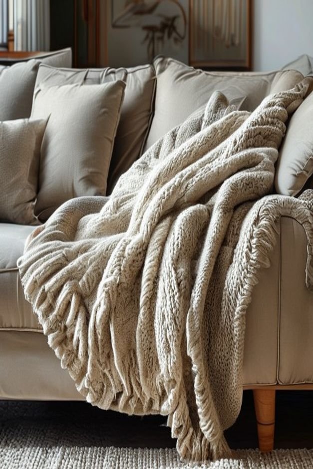 A close-up of a layered sofa arrangement featuring a chunky knit throw blanket draped artfully over one arm and two deco