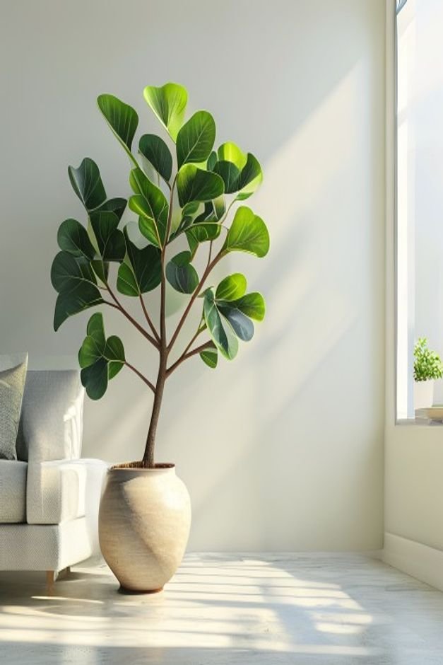 A vibrant healthy fiddle-leaf fig tree in a large ceramic pot positioned in the corner of a bright minimalist living roo