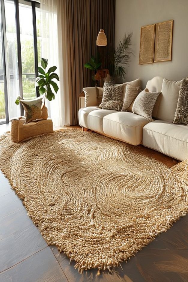 A stylish living room featuring a large textured area rug defining the seating area The rug is a natural jute material c